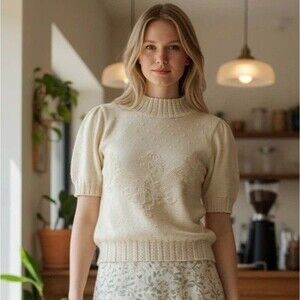 Vintage Bright Lights Ivory Cotton Sweater 8P Cottagecore Coquette Puff SleeveSt